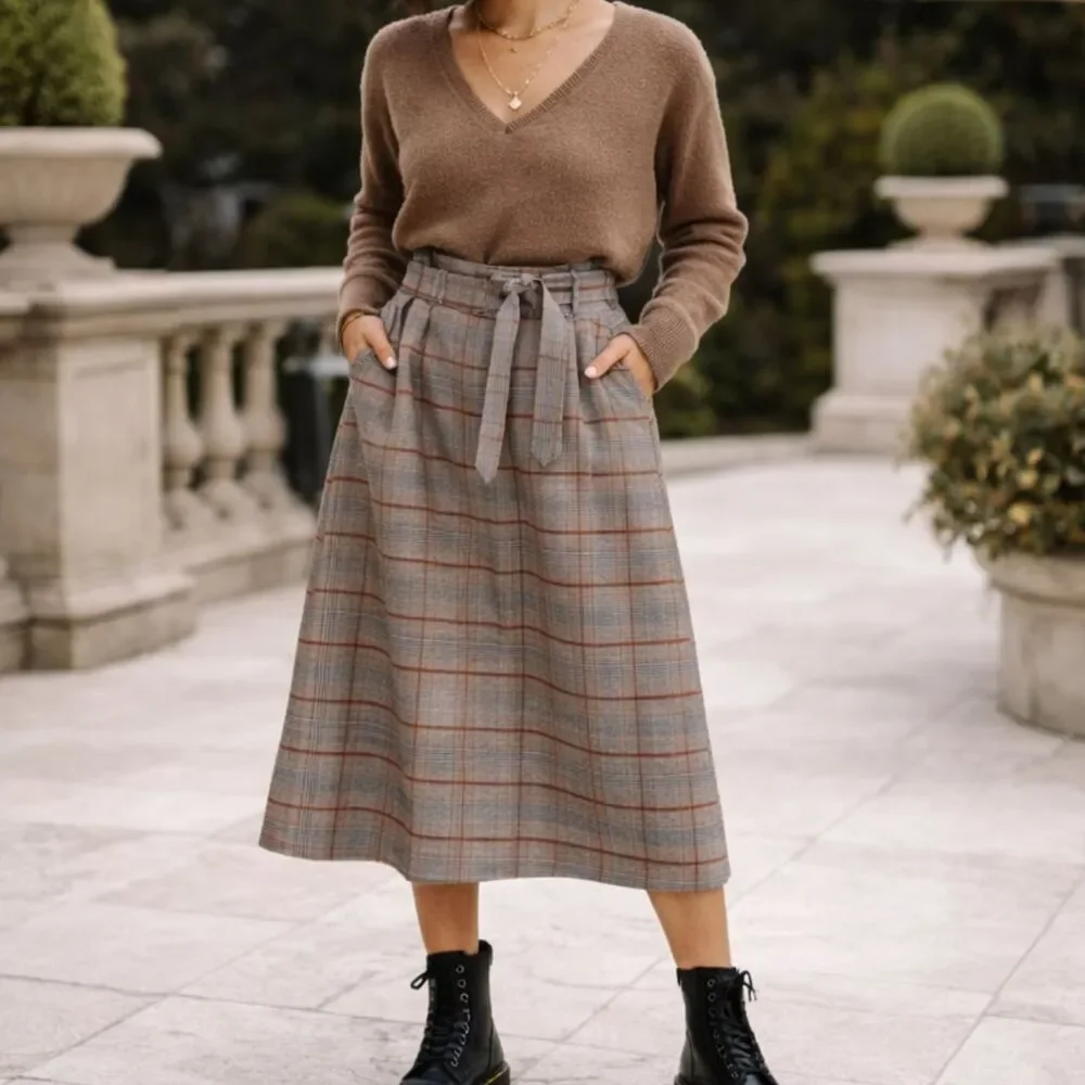 Sweet Salt Plaid Tweed Pencil Midi Skirt Grey Brown Size S Belted quiet luxury - Picture 1 of 4